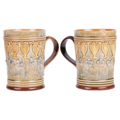 Doulton Lambeth Pair Art Nouveau Floral Design Mugs by Eleanor Tosen