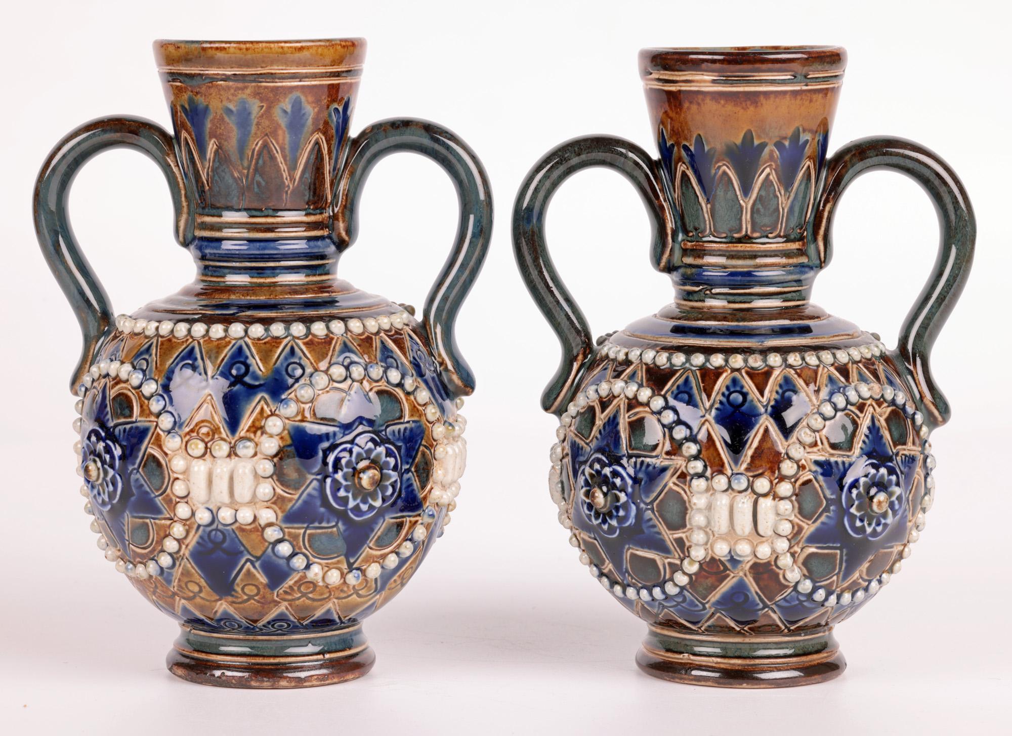 Doulton Lambeth Pair Art Nouveau Vases by Ethel Beard & Florrie Jones For Sale 3