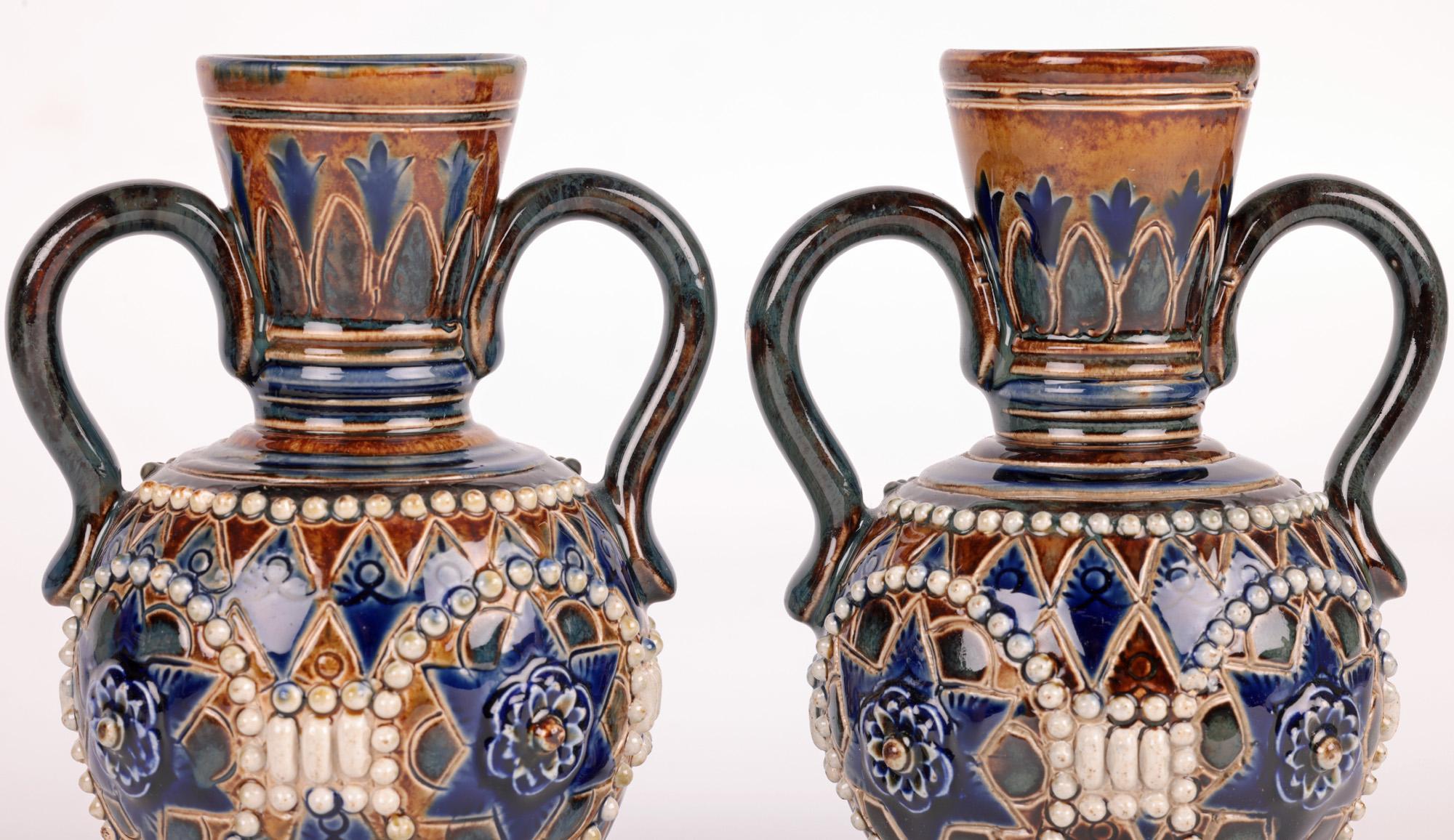 English Doulton Lambeth Pair Art Nouveau Vases by Ethel Beard & Florrie Jones For Sale