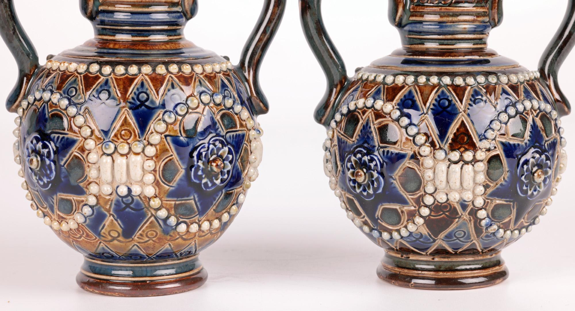 Glazed Doulton Lambeth Pair Art Nouveau Vases by Ethel Beard & Florrie Jones For Sale