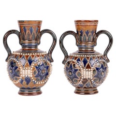 Doulton Lambeth Pair Art Nouveau Twin Handled Vases by Ethel Beard & Florrie Jon