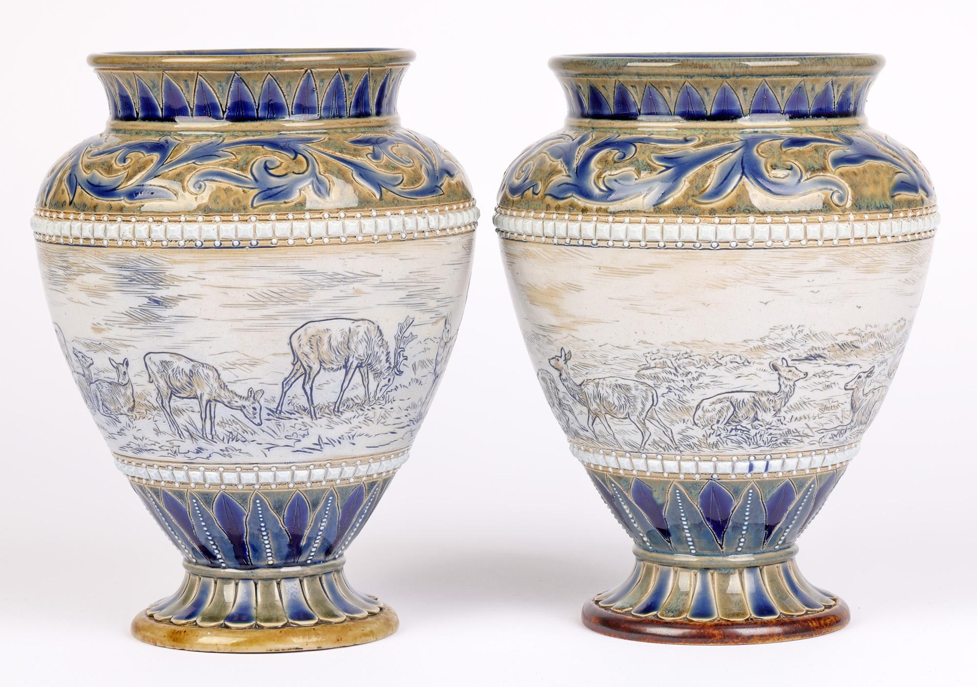 Doulton Lambeth Pair Deer Landscape Vases Florence & Hannah Barlow 2