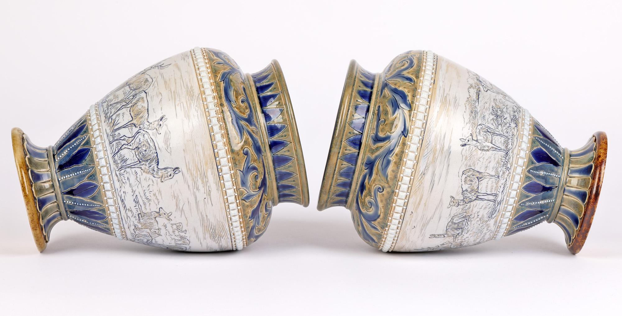 Doulton Lambeth Pair Deer Landscape Vases Florence & Hannah Barlow 3