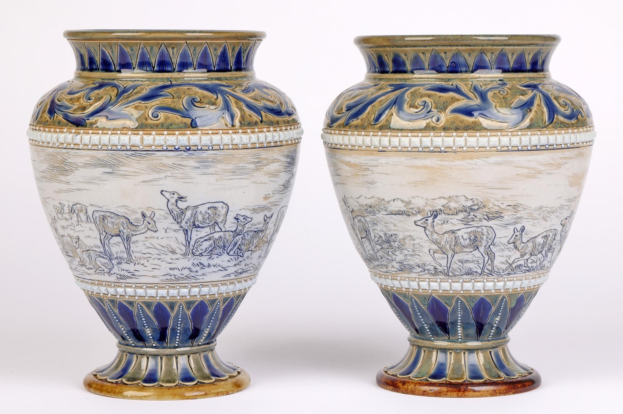 Doulton Lambeth Pair Deer Landscape Vases Florence & Hannah Barlow 4