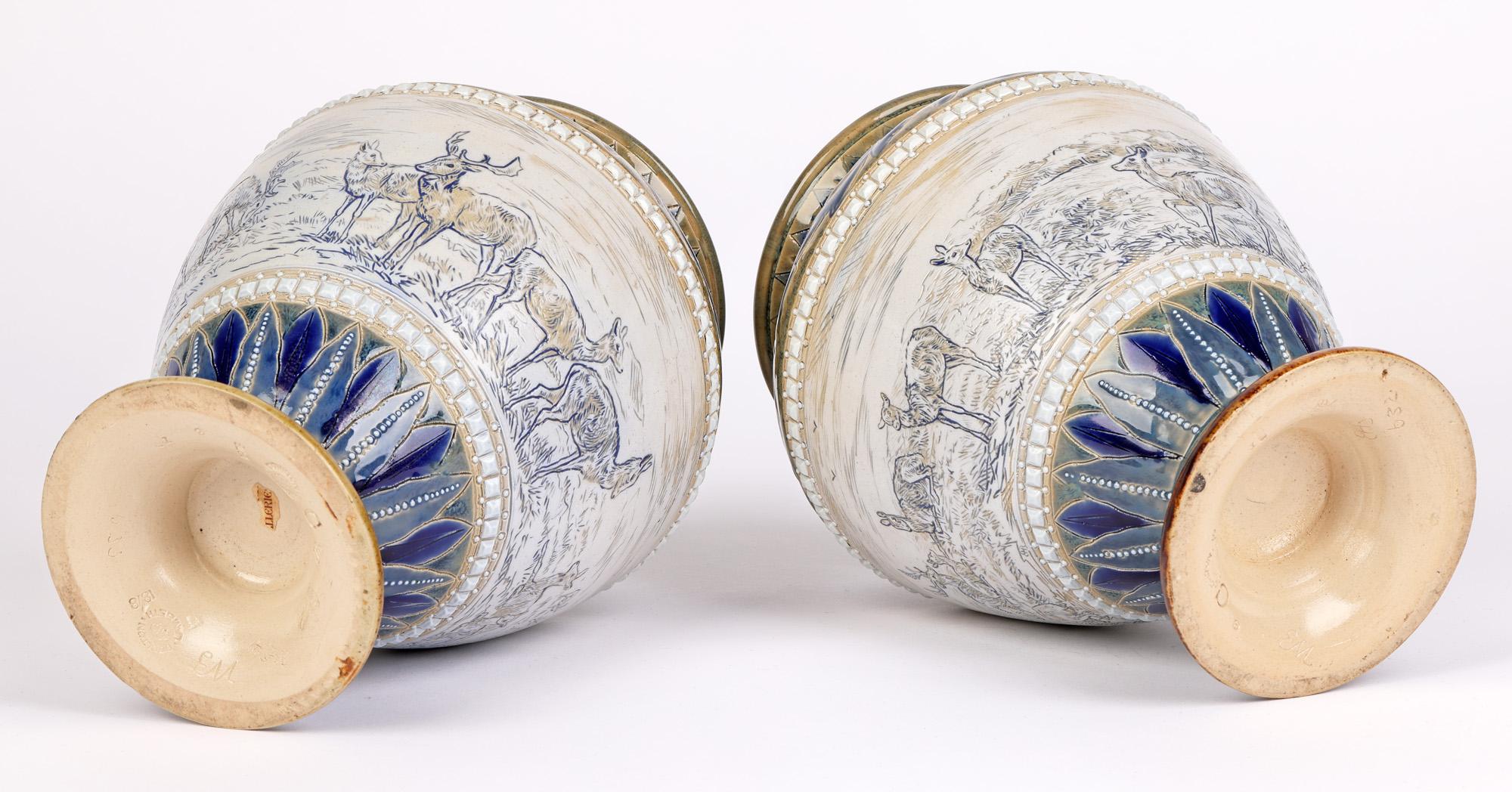Doulton Lambeth Pair Deer Landscape Vases Florence & Hannah Barlow 5