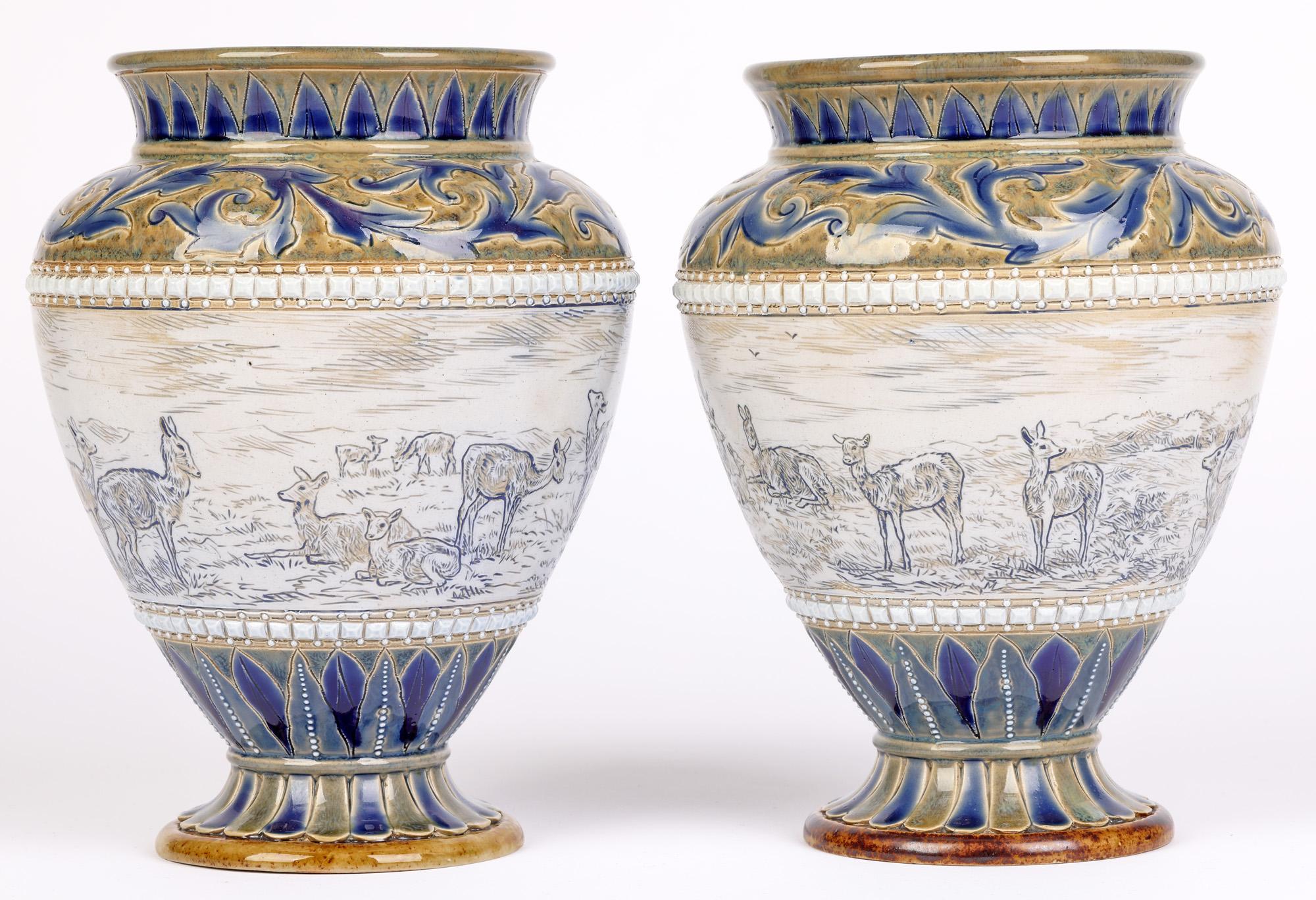 Doulton Lambeth Pair Deer Landscape Vases Florence & Hannah Barlow 7