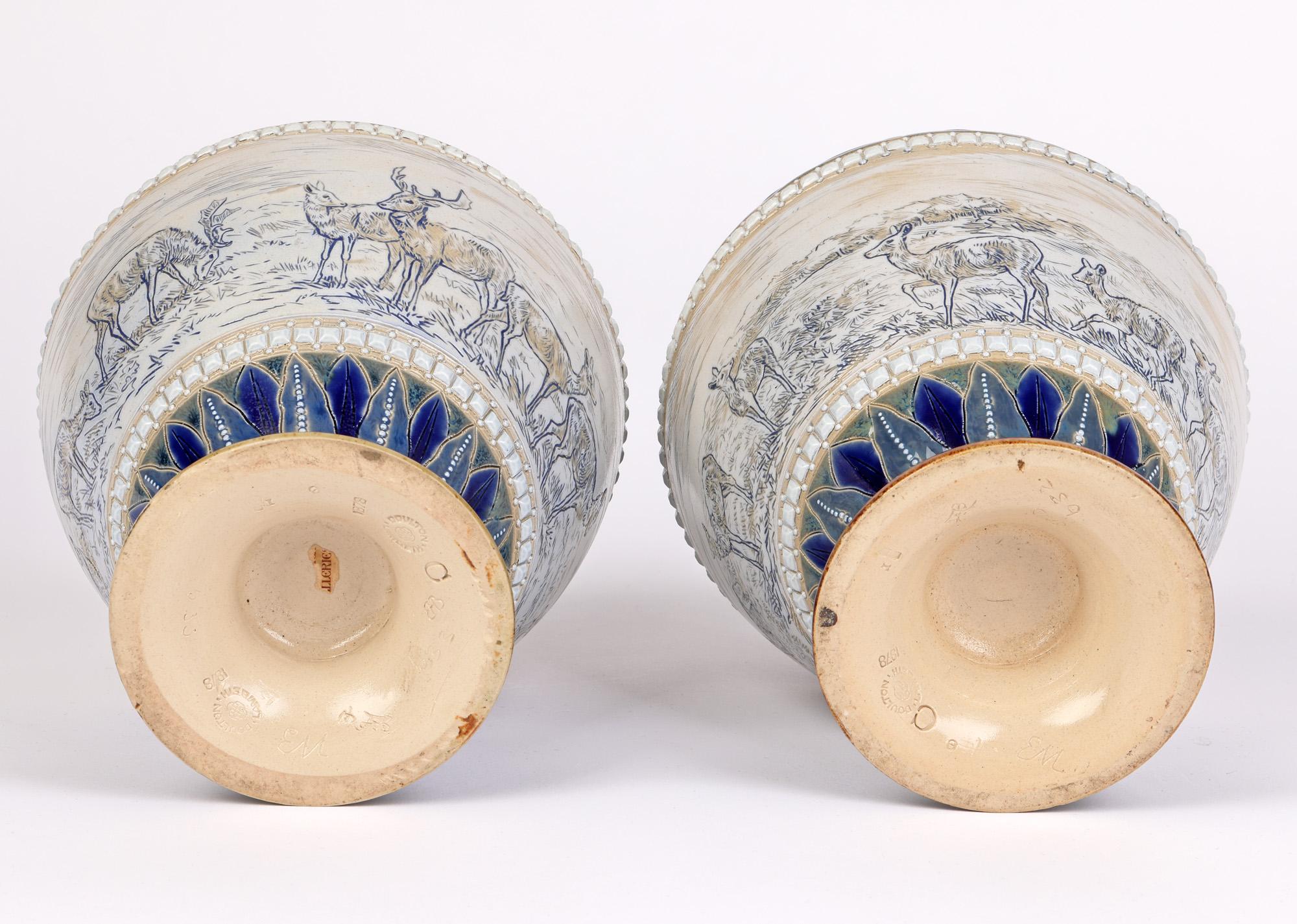 Doulton Lambeth Pair Deer Landscape Vases Florence & Hannah Barlow 9