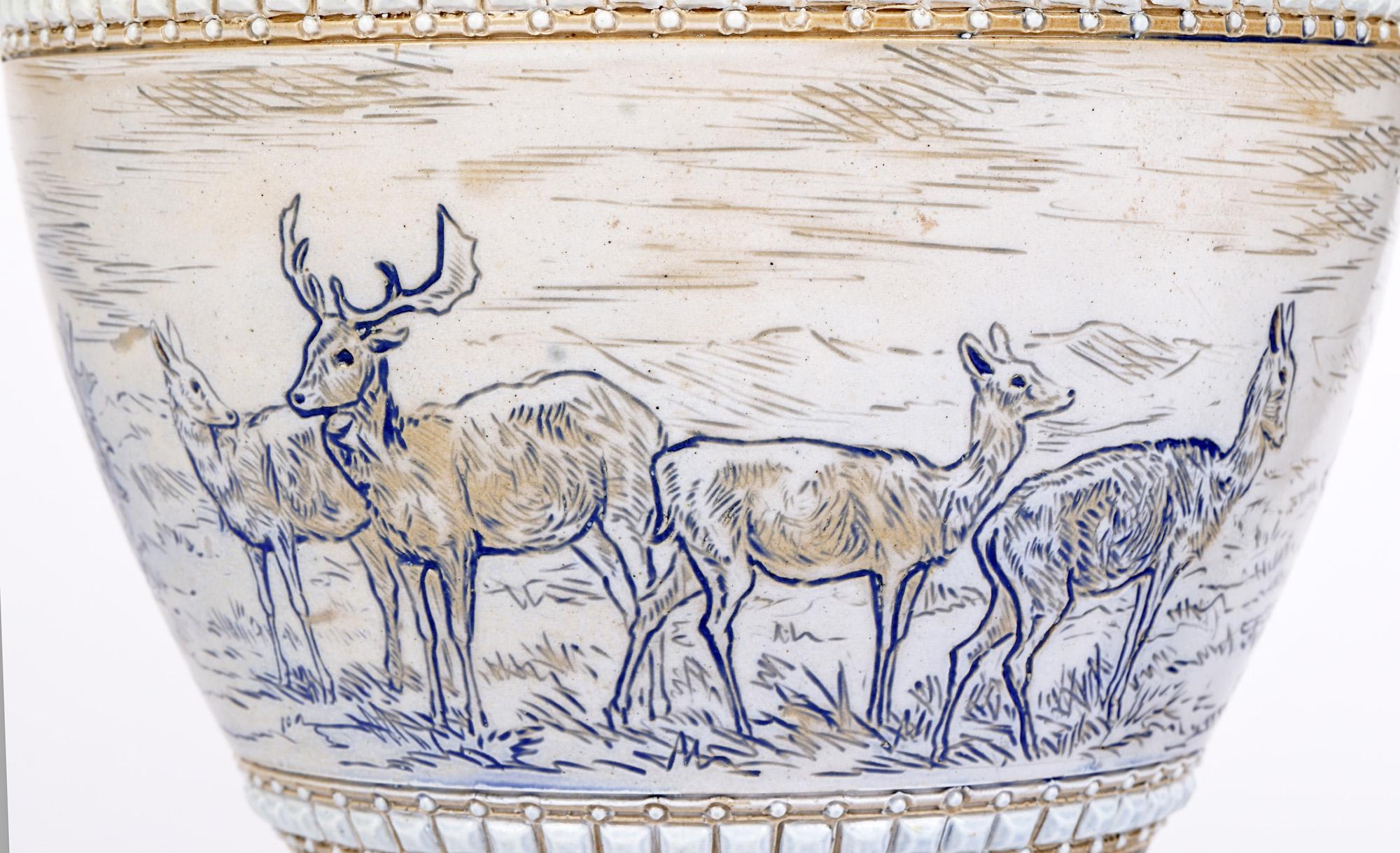 Aesthetic Movement Doulton Lambeth Pair Deer Landscape Vases Florence & Hannah Barlow