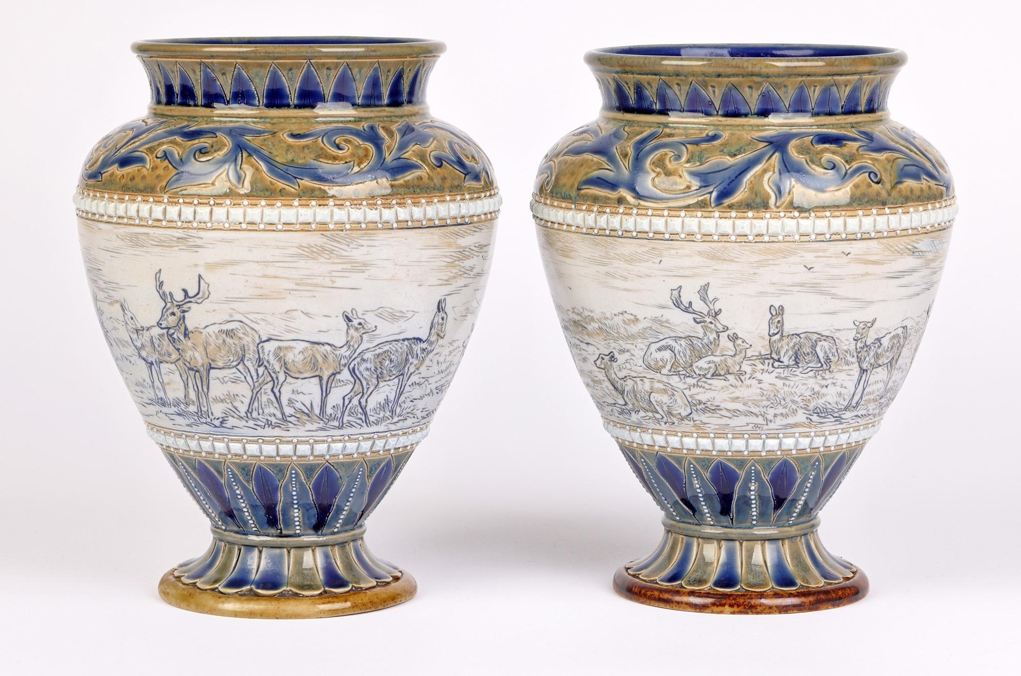 Hand-Carved Doulton Lambeth Pair Deer Landscape Vases Florence & Hannah Barlow