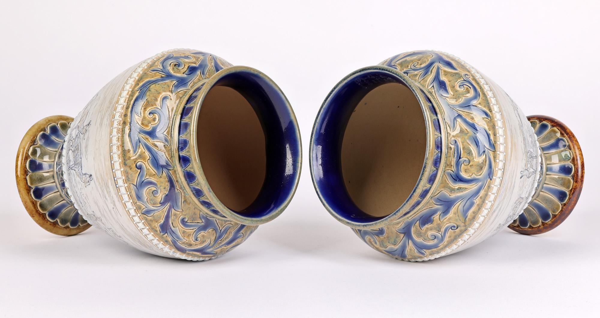 Doulton Lambeth Pair Deer Landscape Vases Florence & Hannah Barlow In Good Condition In Bishop's Stortford, Hertfordshire