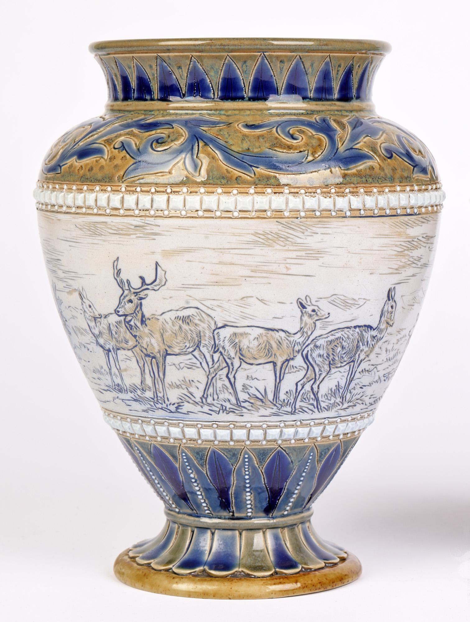 Late 19th Century Doulton Lambeth Pair Deer Landscape Vases Florence & Hannah Barlow