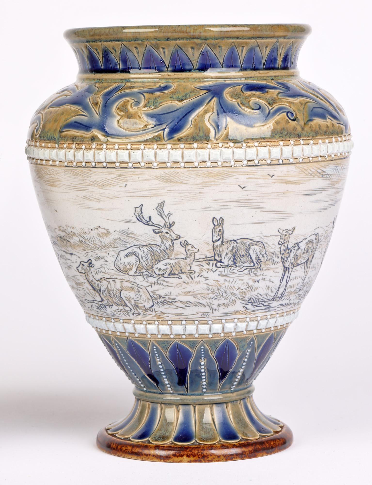 Doulton Lambeth Pair Deer Landscape Vases Florence & Hannah Barlow 1