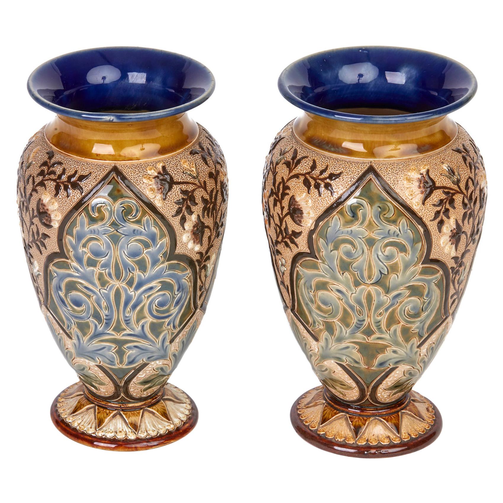 Doulton Lambeth Pair of Exceptional Art Pottery Vases by Alice Barker, 1883
