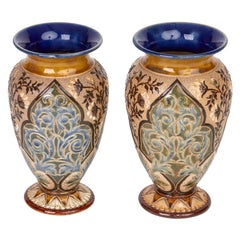 Antique Doulton Lambeth Pair of Exceptional Art Pottery Vases by Alice Barker, 1883