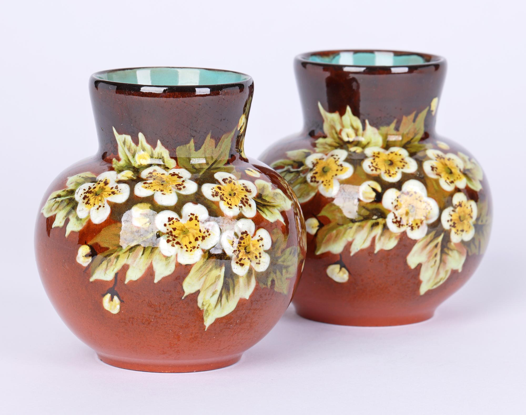 Doulton Lambeth Pair Impasto Floral Painted Vases by Miss L Rogers 2