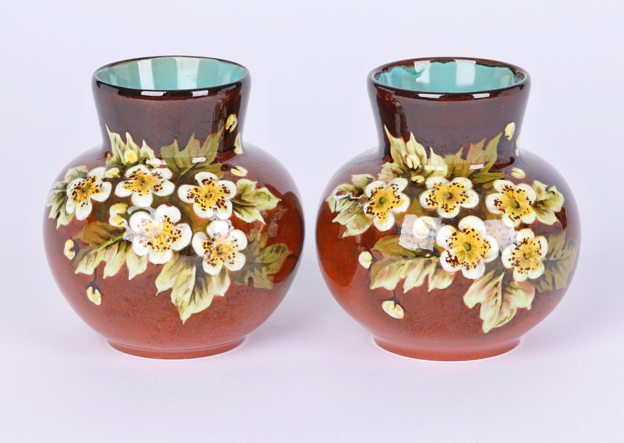 Doulton Lambeth Pair Impasto Floral Painted Vases by Miss L Rogers 7