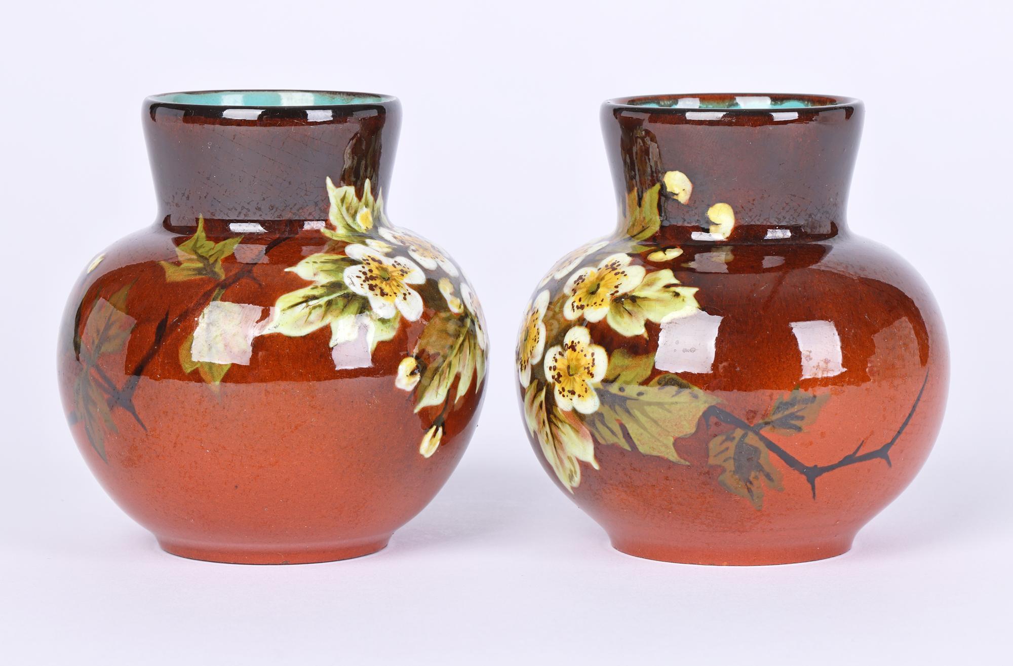Doulton Lambeth Pair Impasto Floral Painted Vases by Miss L Rogers 9