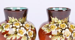 Doulton Lambeth Pair Impasto Floral Painted Vases by Miss L Rogers