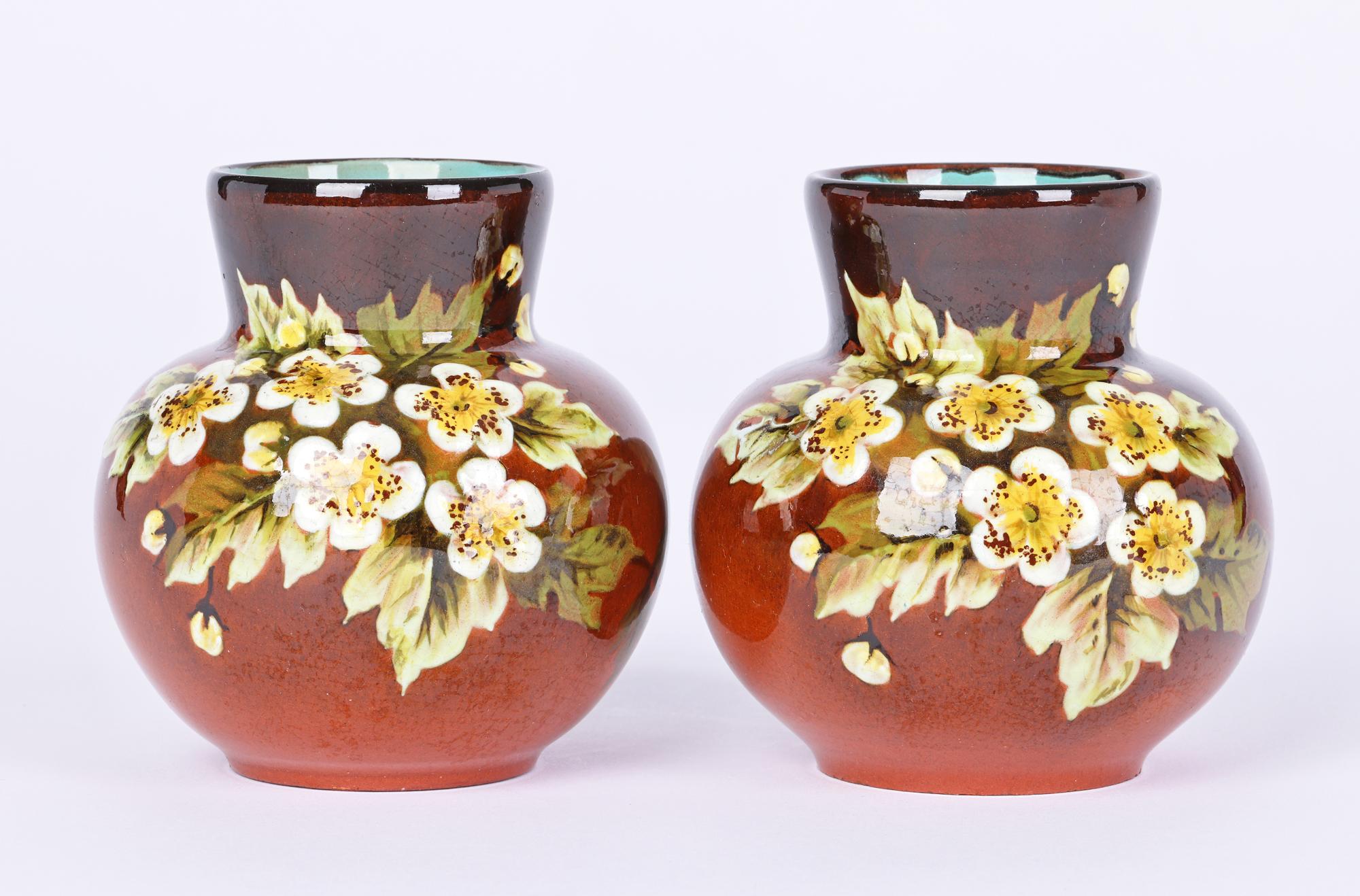 Doulton Lambeth Pair Impasto Floral Painted Vases by Miss L Rogers 12