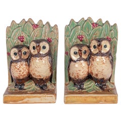 Antique Doulton Lambeth Pair Owl Art Deco Pottery Bookends