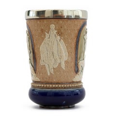 Doulton Lambeth Rare Huntsman Art Pottery Beaker by Minnie Thompson Dated 1882
