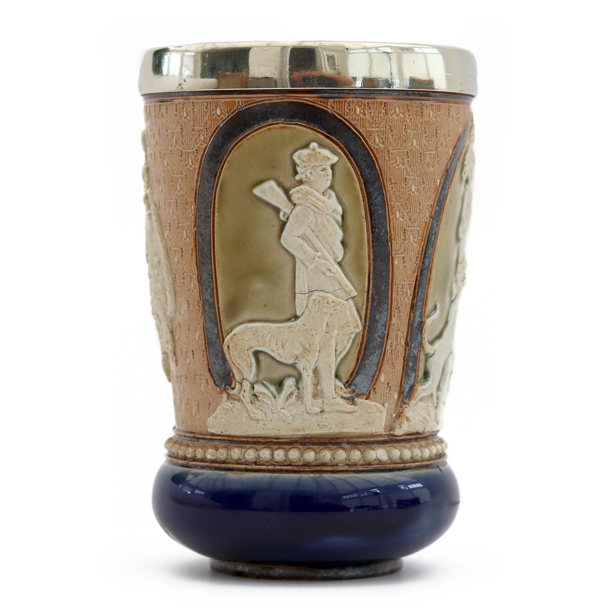 English Doulton Lambeth Rare Huntsman Art Pottery Beaker by Minnie Thompson Dated 1882