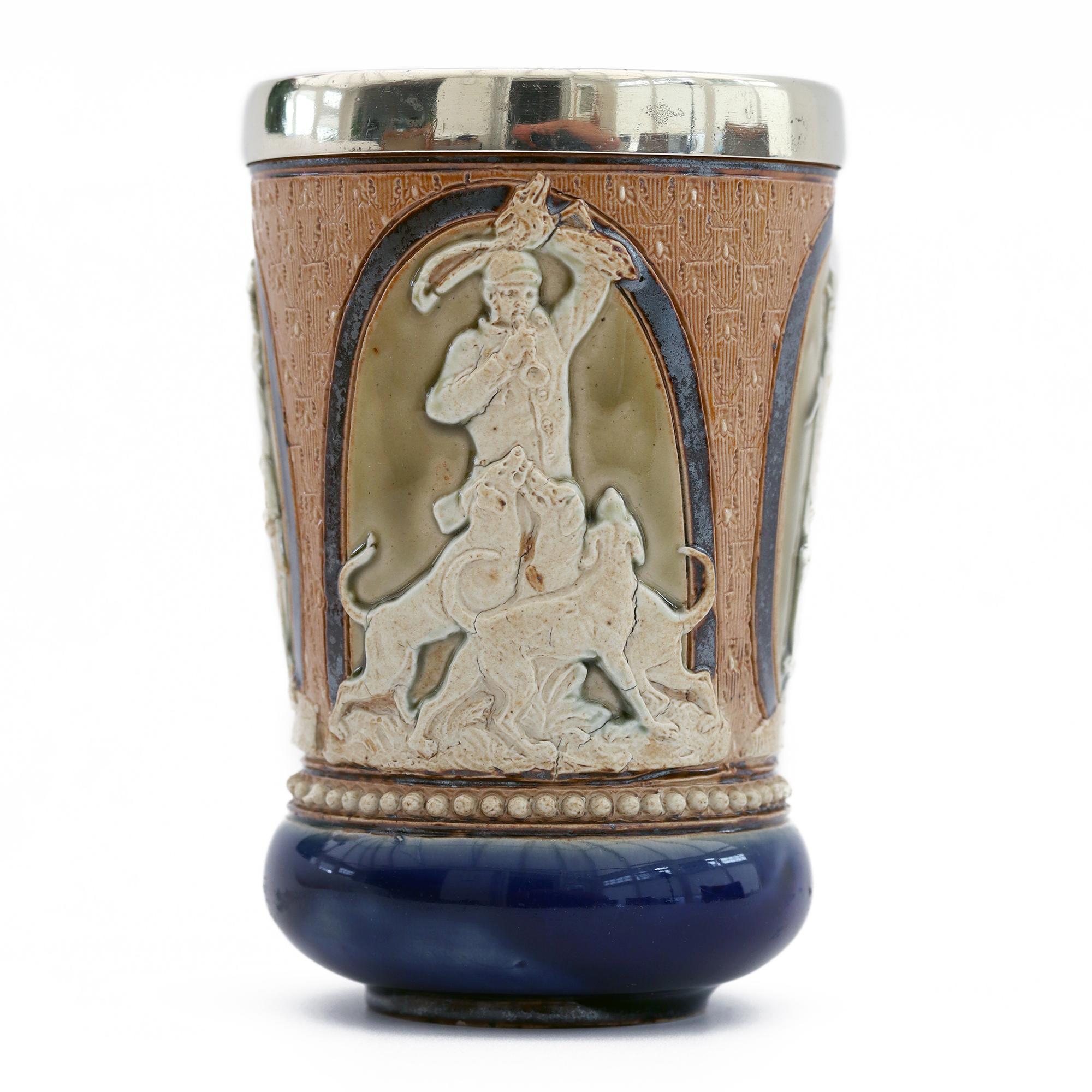 Late 19th Century Doulton Lambeth Rare Huntsman Art Pottery Beaker by Minnie Thompson Dated 1882