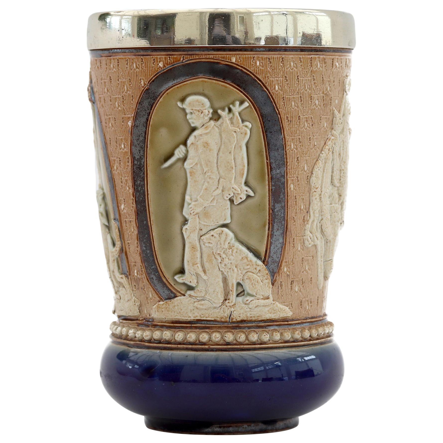 Doulton Lambeth Rare Huntsman Art Pottery Beaker by Minnie Thompson Dated 1882