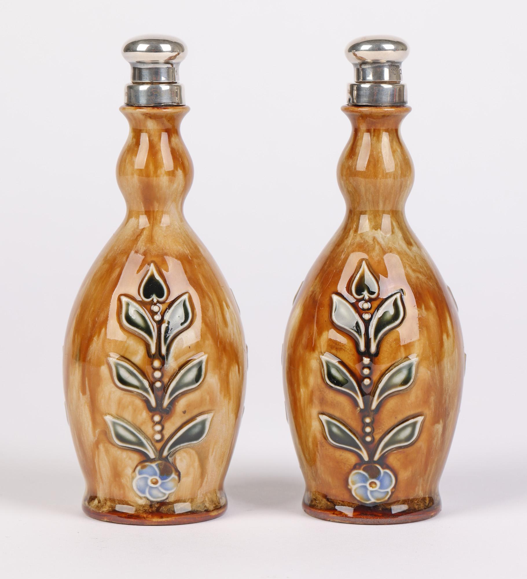Hand-Painted Doulton Lambeth Rare Pair Silver Mounted Rose Water Flasks For Sale