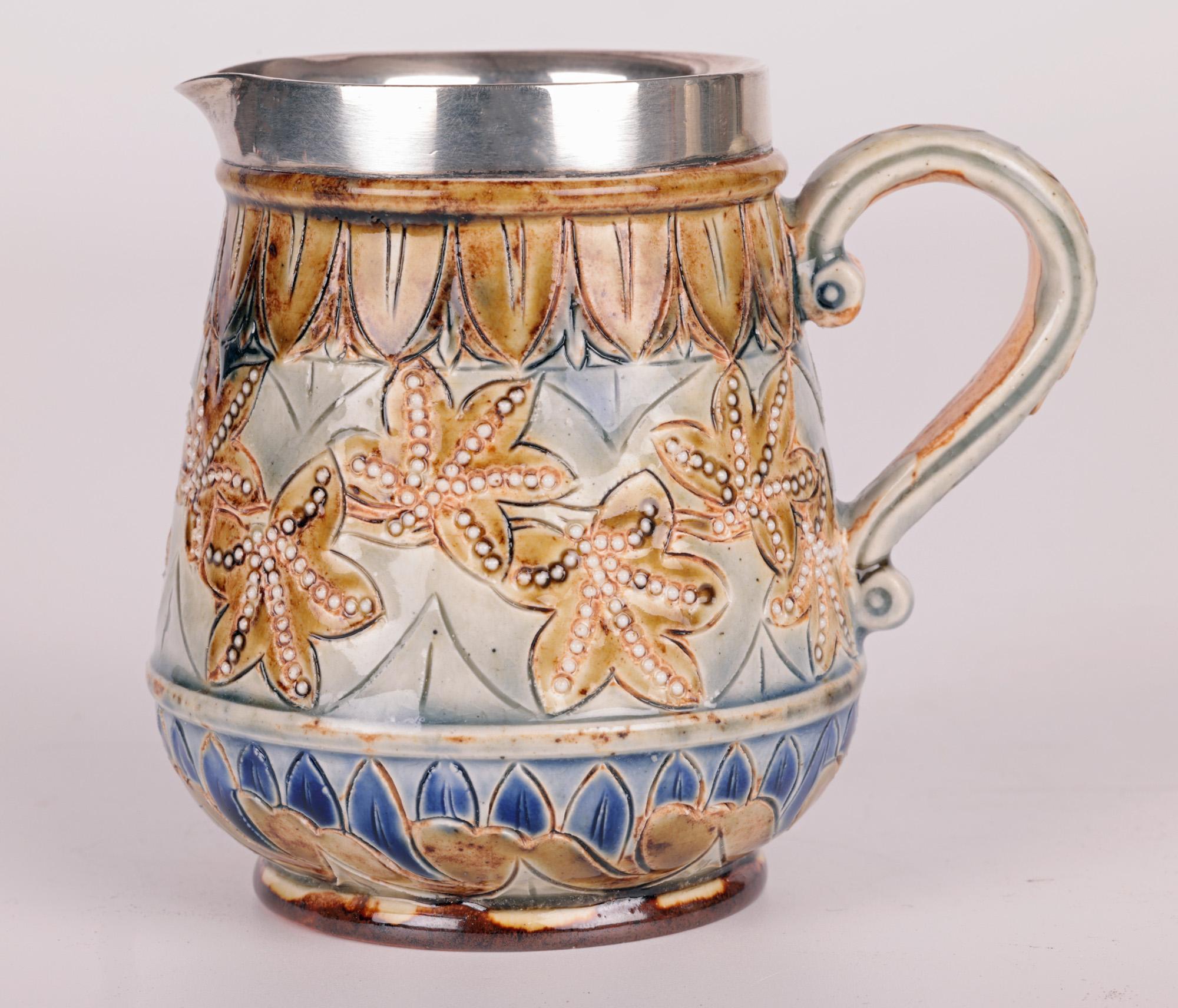 British Doulton Lambeth Silver Mounted Cream Jug by Francis E Lee, 1877 For Sale
