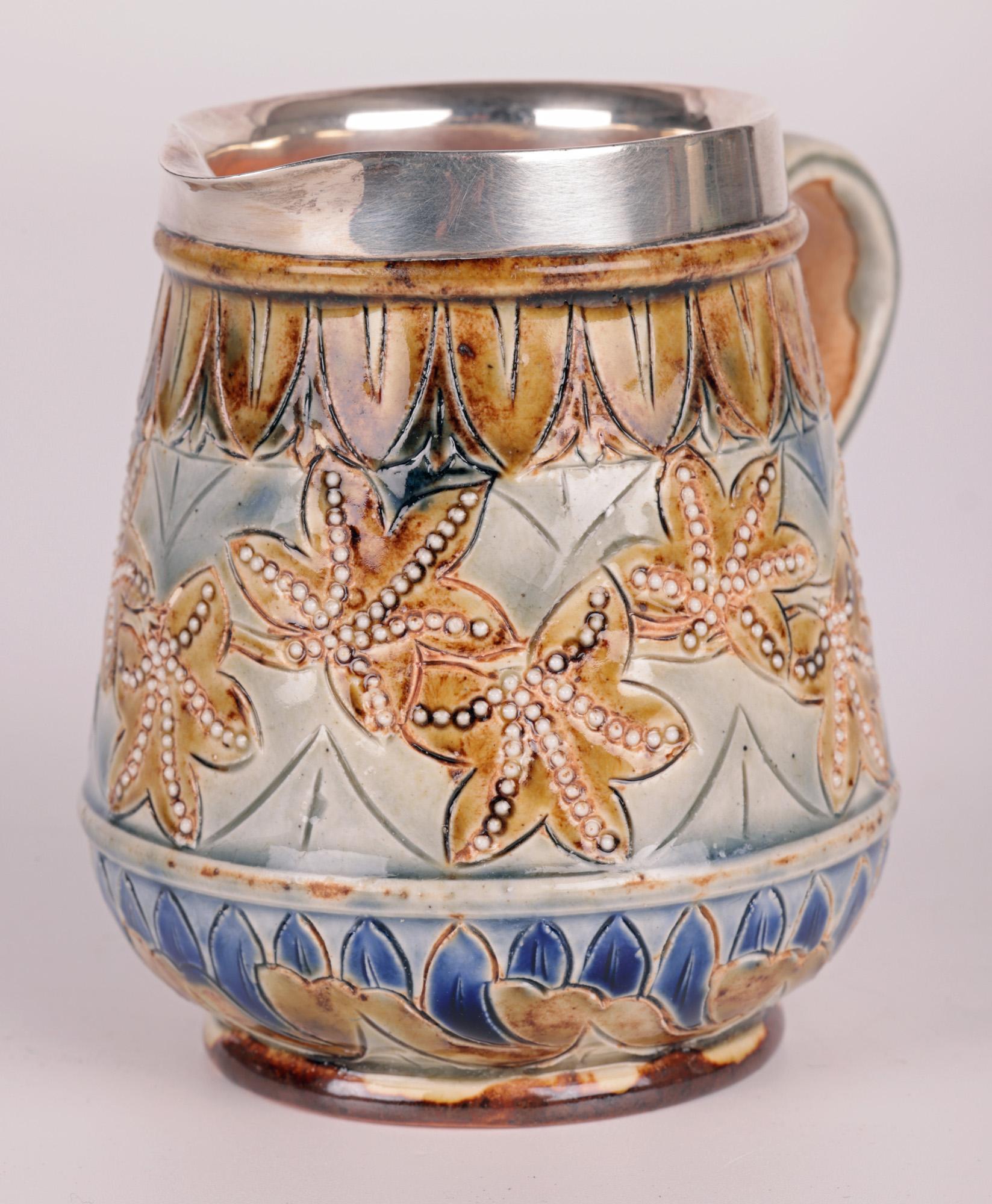 Late 19th Century Doulton Lambeth Silver Mounted Cream Jug by Francis E Lee, 1877 For Sale