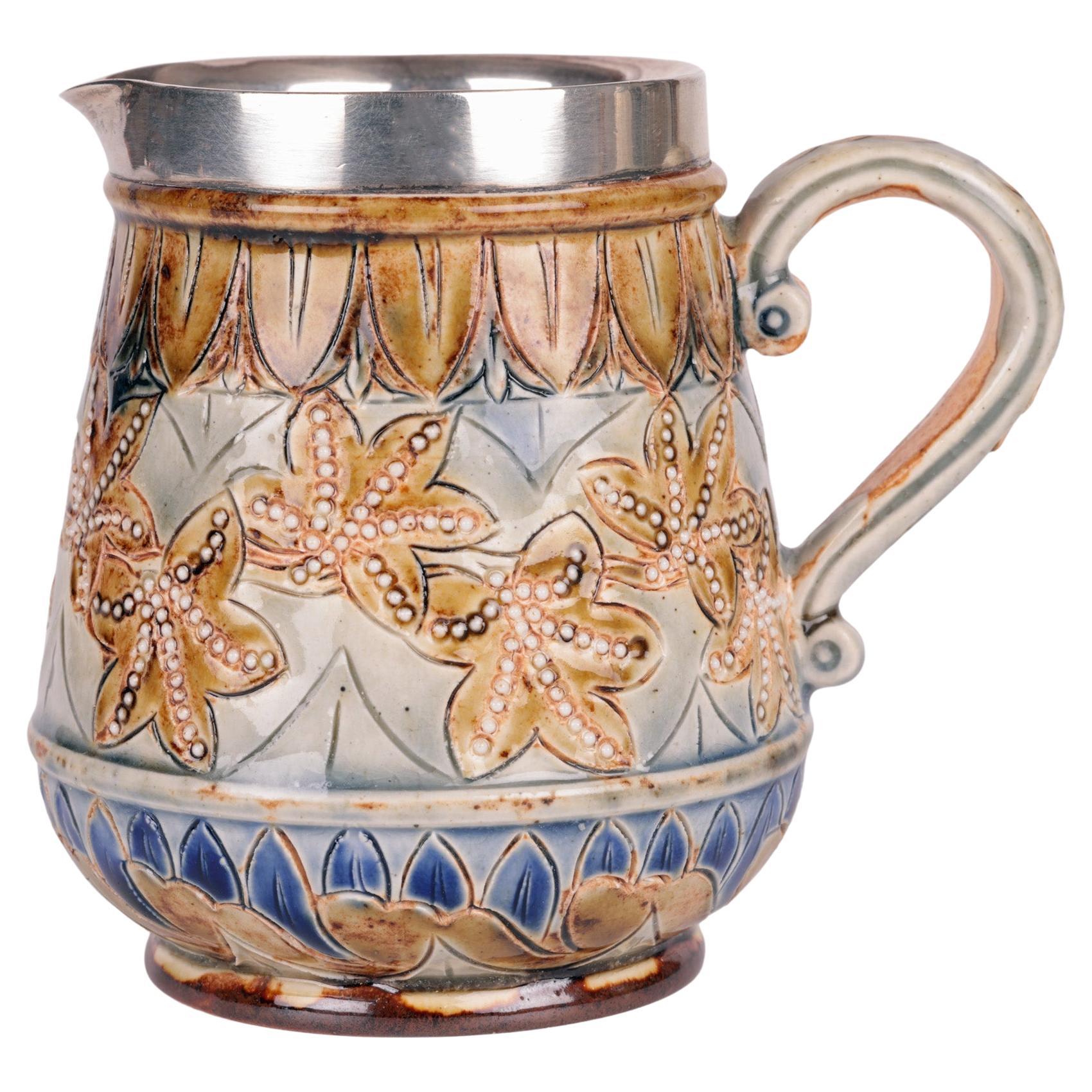 Doulton Lambeth Silver Mounted Cream Jug by Francis E Lee, 1877 For Sale