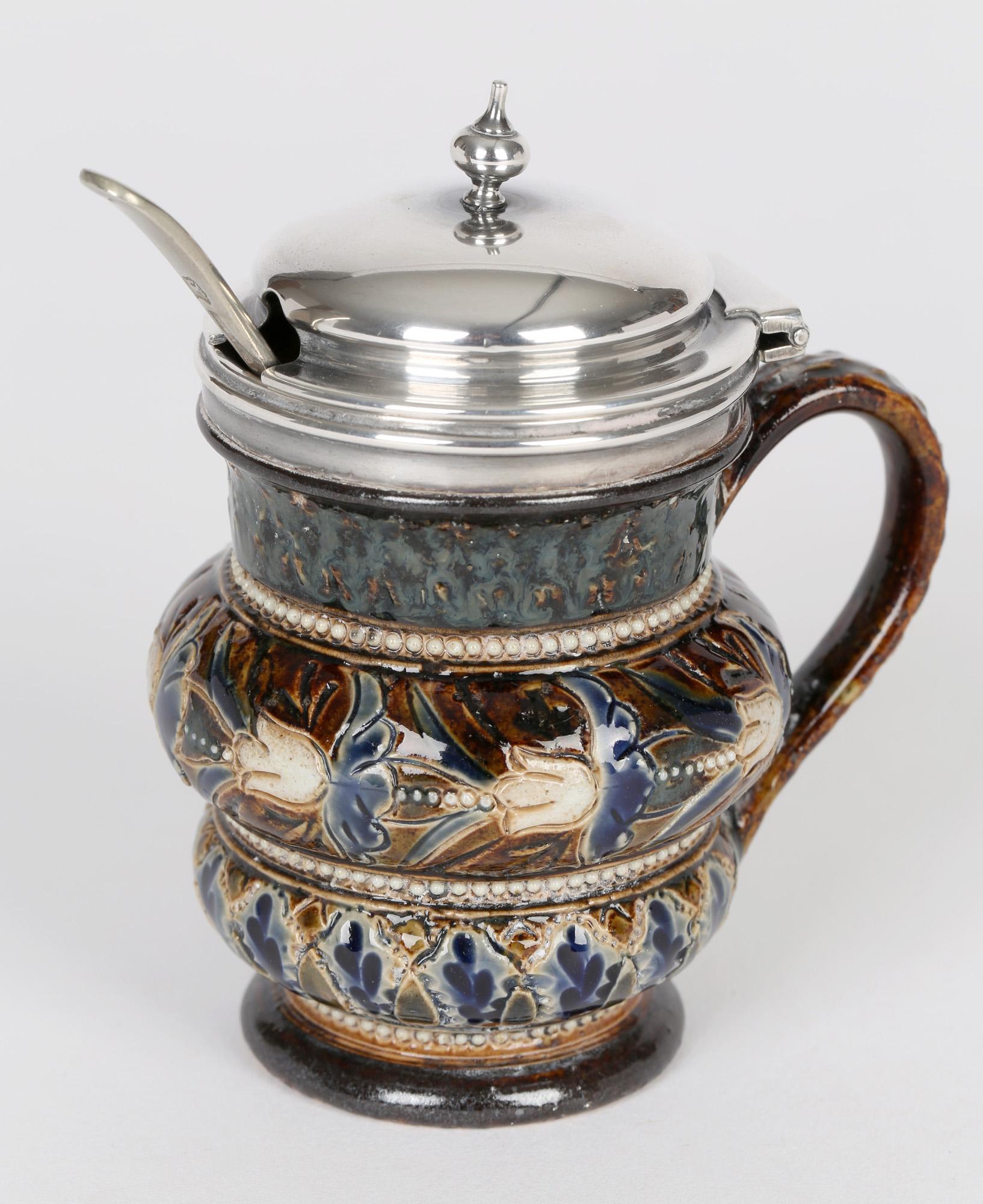 Doulton Lambeth Silver Plate Mounted Mustard Pot by Emily Partington, 1880 2