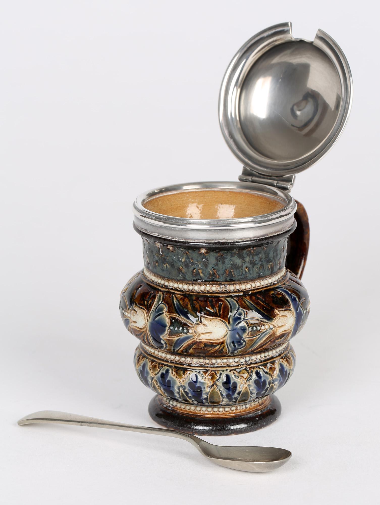 Doulton Lambeth Silver Plate Mounted Mustard Pot by Emily Partington, 1880 4