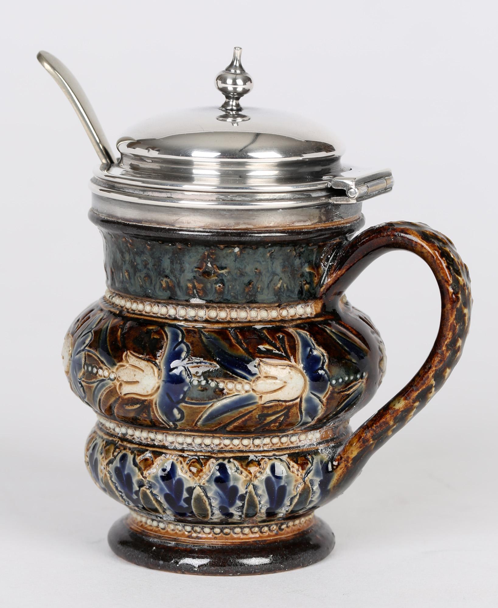 Hand-Crafted Doulton Lambeth Silver Plate Mounted Mustard Pot by Emily Partington, 1880