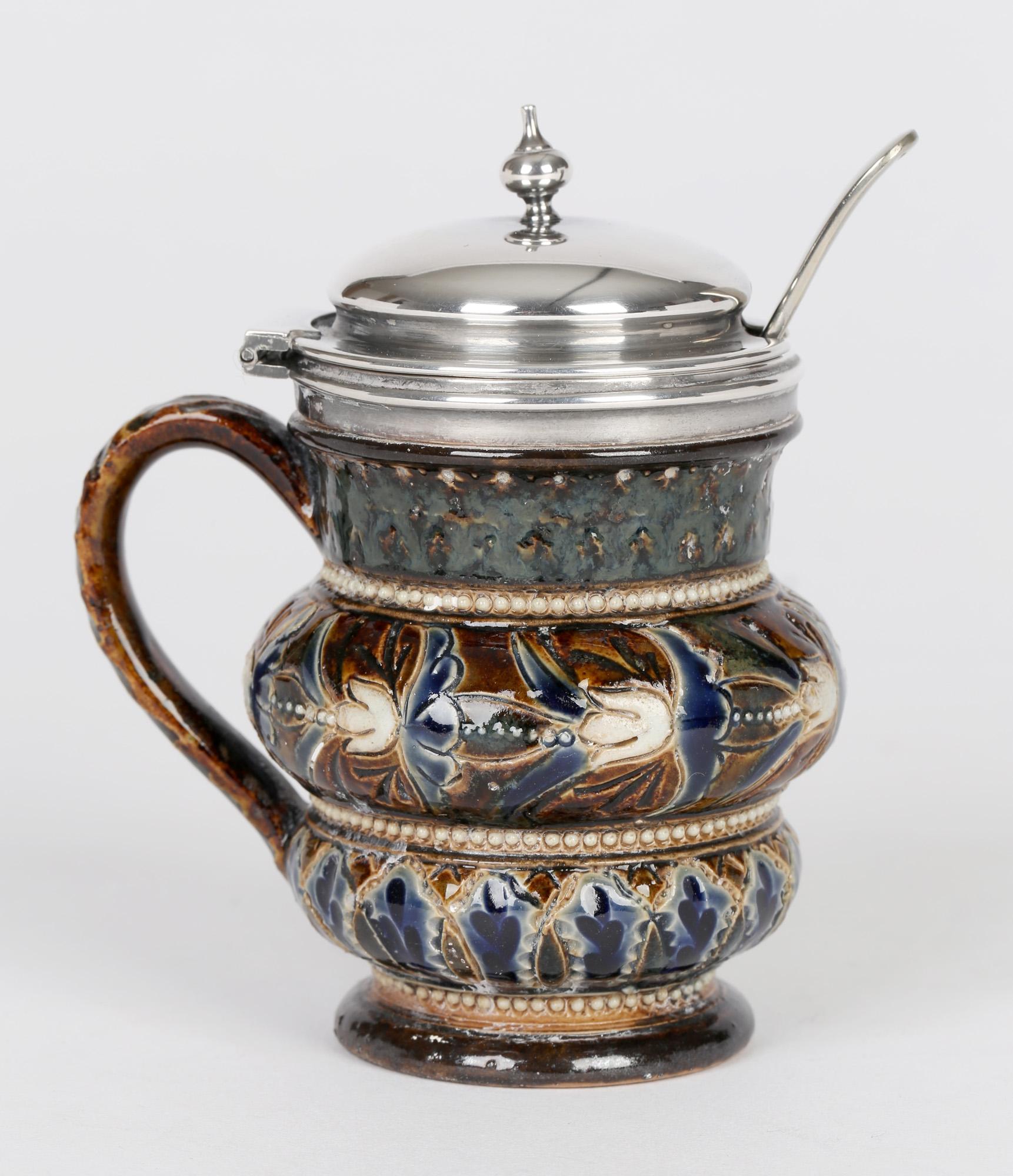 Doulton Lambeth Silver Plate Mounted Mustard Pot by Emily Partington, 1880 1