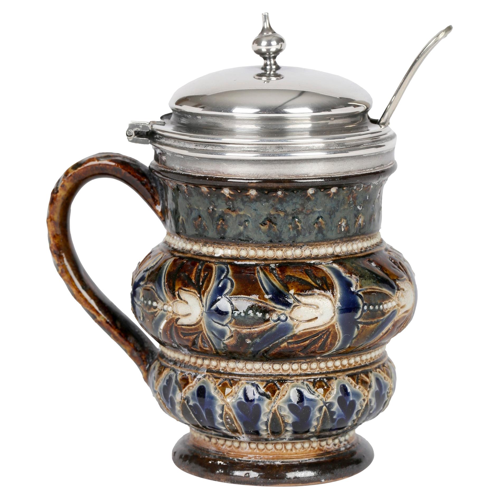 Doulton Lambeth Silver Plate Mounted Mustard Pot by Emily Partington, 1880