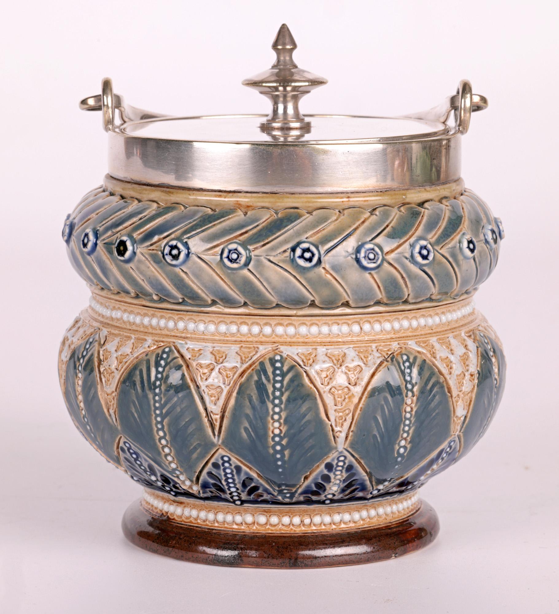 Late 19th Century Doulton Lambeth Silver Plate Mounted Sugar Pot By Clara Barker 1878 For Sale