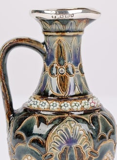 Doulton Lambeth Silver Rimmed Ewer by Ellen Parmer, 1880