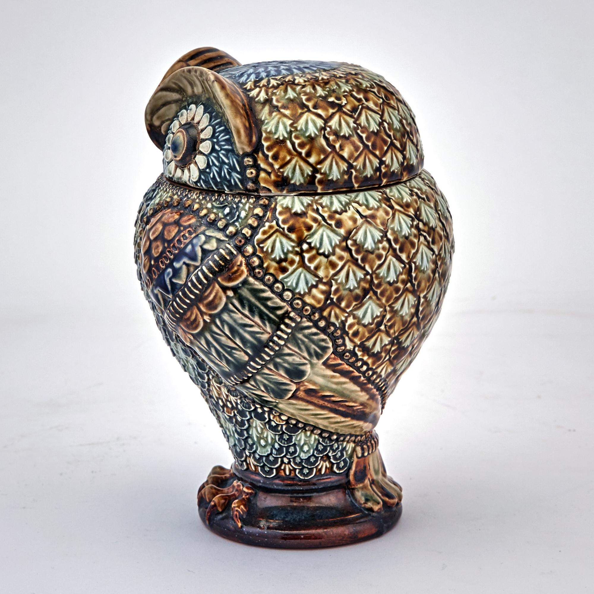 Arts and Crafts Doulton Stoneware Jar and Cover in Form of an Owl, Marked for Mark V. Marshall