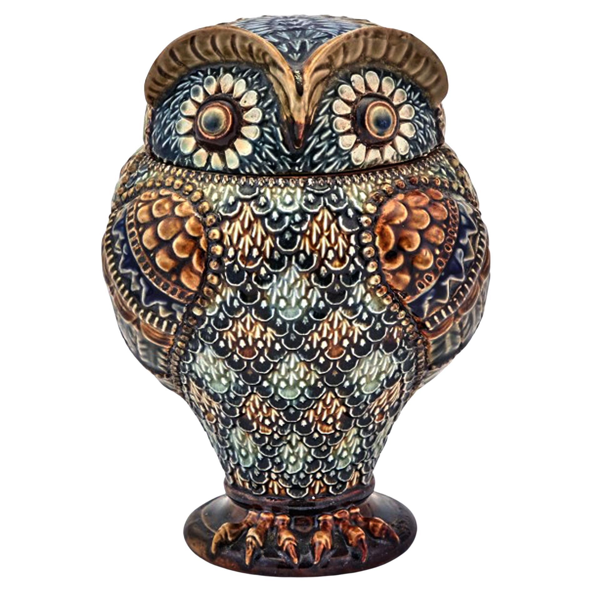 Doulton Stoneware Jar and Cover in Form of an Owl, Marked for Mark V. Marshall
