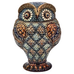 Antique Doulton Stoneware Jar and Cover in Form of an Owl, Marked for Mark V. Marshall
