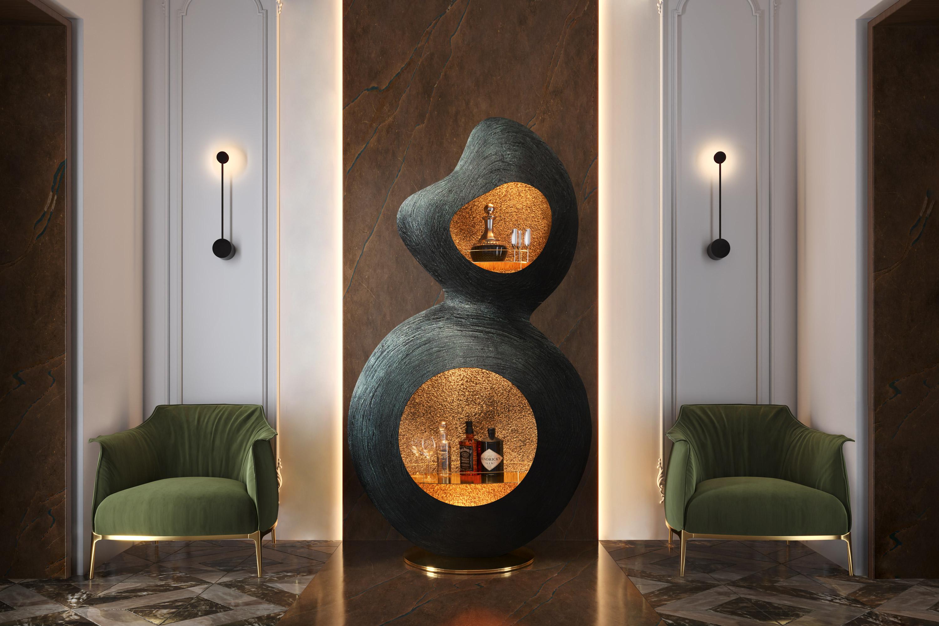Douro ist eine signierte Bar, die kühne Oberflächen mit einer erstaunlichen skulpturalen Form kombiniert. Es besteht aus mit Glasfaser verstärktem Harz, ist außen in Grünspanfarbe mit der Textur 