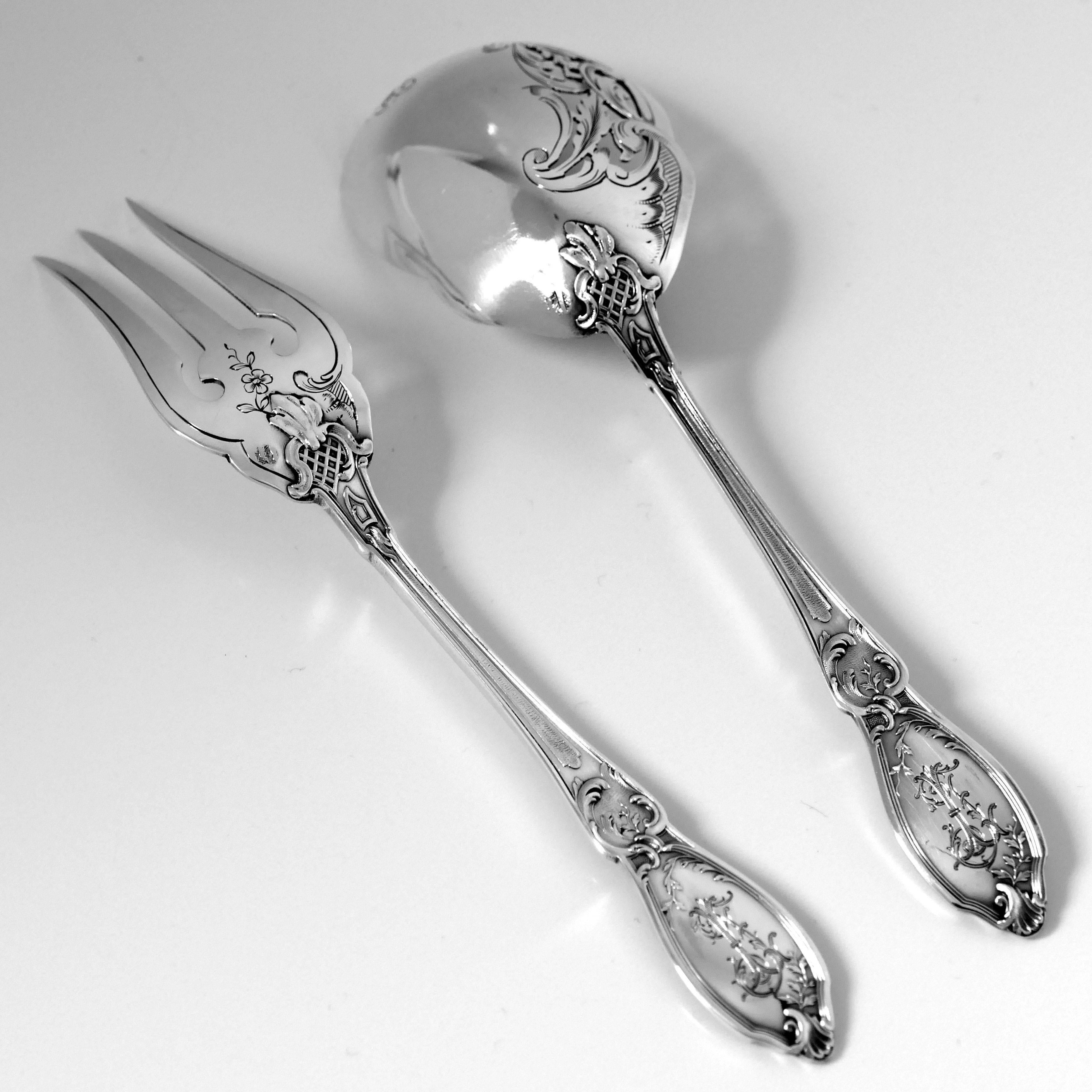 Doutre Roussel French All Sterling Silver Dessert Hors D'oeuvre Set 4 Pc, Box In Good Condition For Sale In TRIAIZE, PAYS DE LOIRE