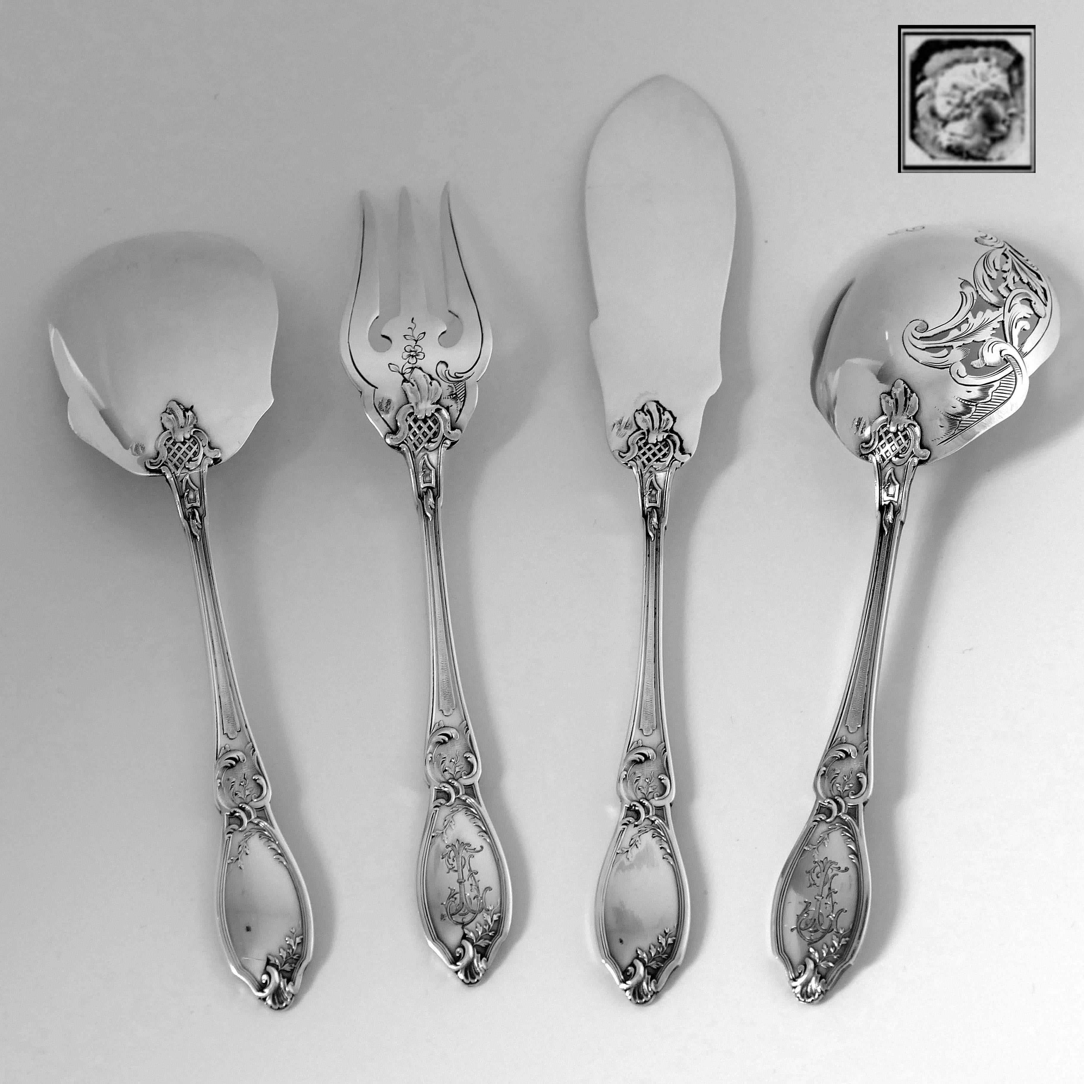 Late 19th Century Doutre Roussel French All Sterling Silver Dessert Hors D'oeuvre Set 4 Pc, Box For Sale