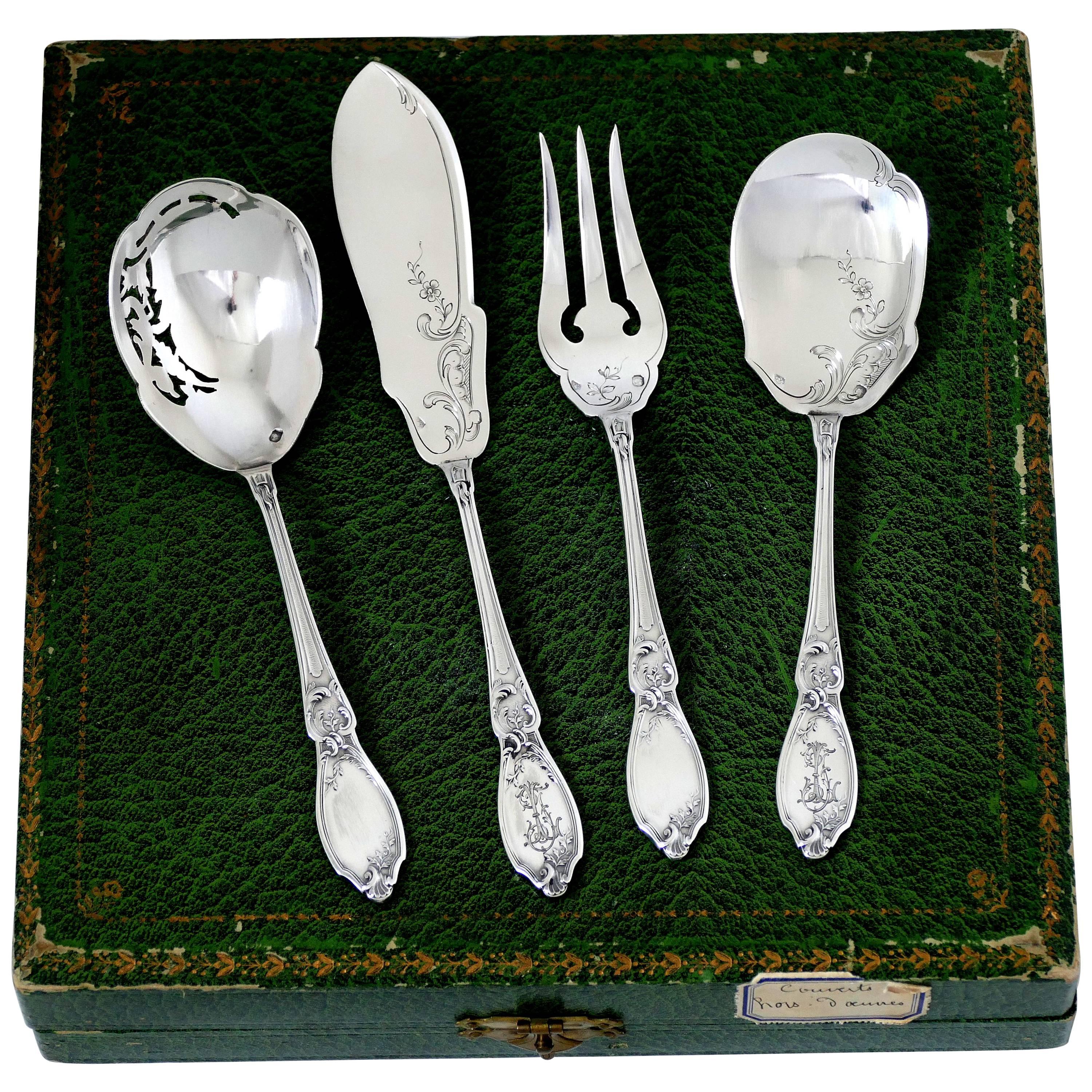 Doutre Roussel French All Sterling Silver Dessert Hors D'oeuvre Set 4 Pc, Box For Sale