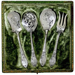 Doutre Roussel French All Sterling Silver Dessert Set 4 Pc, Box, Art Nouveau