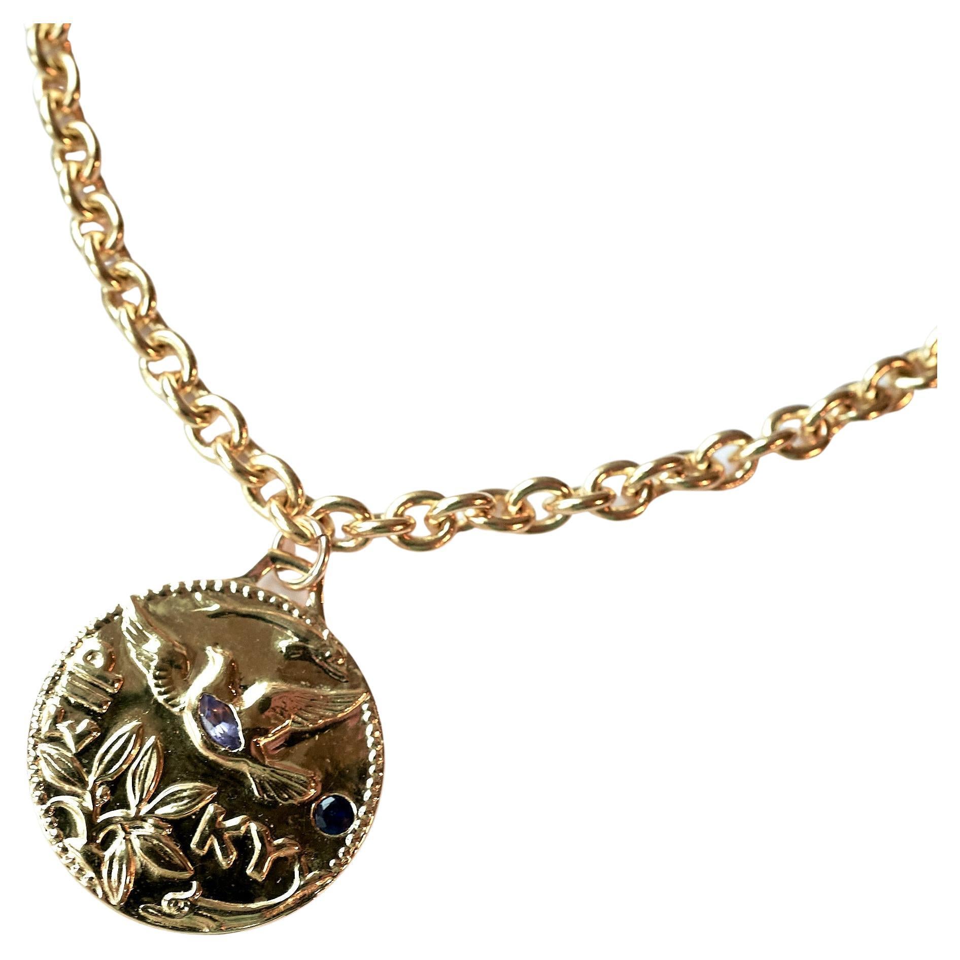 Romantic Dove Aquamarine Blue Sapphire Medal Necklace Choker Chunky Chain J Dauphin For Sale