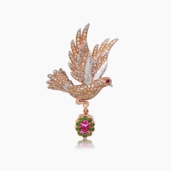 Dove Bird Multi Gemstone & Diamond 18K Rose Gold Pin Brooch