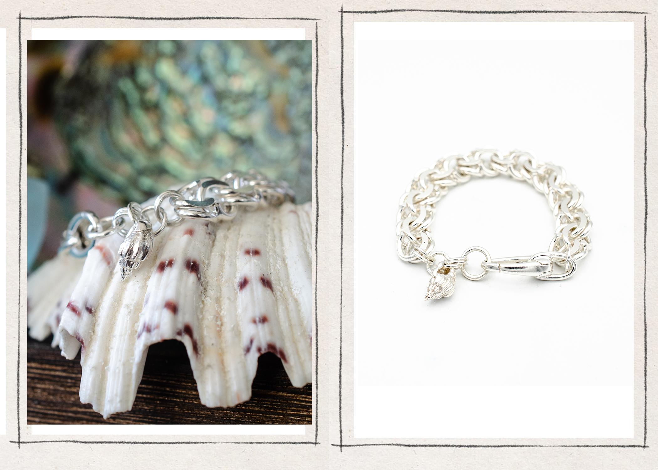 Description
The Dove bracelet handcrafted from sterling silver in Brooklyn, New York.  The bracelet is assembled by hand with a Cham cast from a real shell. 
Story
Underwater Collection
You are not just the drop in the ocean.  You are the mighty